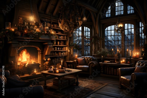 Interior of a living room with a fireplace in a medieval castle