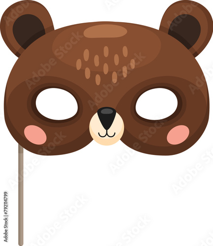 Bear animal carnival party mask. Festival or birthday costume. Isolated vector cute mask for kids with head of funny bear on stick. Decorative festive face covering for children holiday celebration