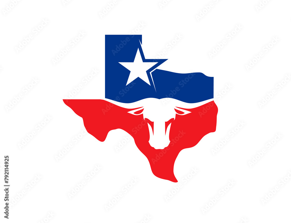 Texas longhorn state with map, flag and American star symbol, vector icon. Texas map and longhorn bull head sign of USA company or American corporation, oil and petrol industry or Texas quality badge Texas longhorn state with map, flag and American star symbol, vector icon. Texas map and longhorn bull head sign of USA company or American corporation, oil and petrol industry or Texas quality badge