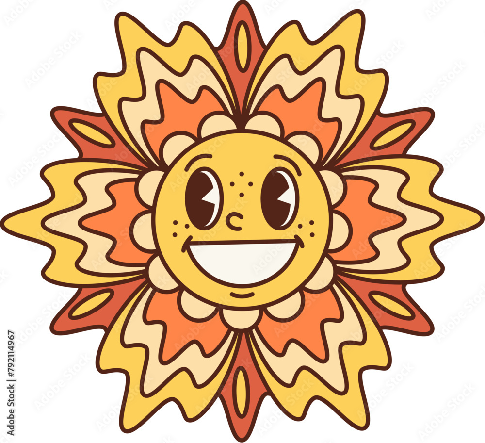 Cartoon retro groovy flower. Isolated vector yellow orange garden bloom. Vibrant, vintage psychedelic daisy blossom with swirling colorful petals, evoking funky spirit of 60s and 70s summer vibes