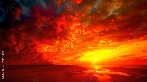 Vivid Orange Sunset Over Ocean, Clouds Illuminated in Warm Light. Serene Landscape, Perfect for Backgrounds and Wall Art. Captured by AI.