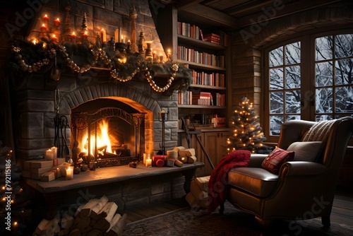 Christmas and New Year cozy home interior. Living room with fireplace, Christmas tree and gifts. 3d rendering