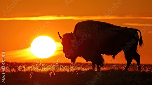 An adult Plains Bison bull during sunset  sillhouttte.  