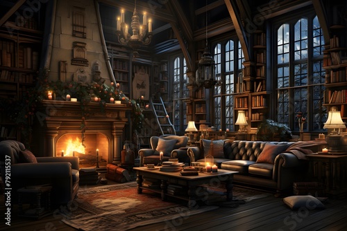 Interior of an old house with a fireplace. 3d rendering