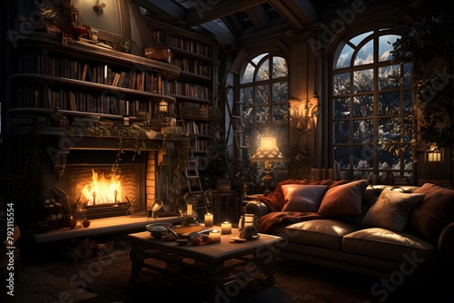 3d rendering of a cozy living room with fireplace and bookshelves