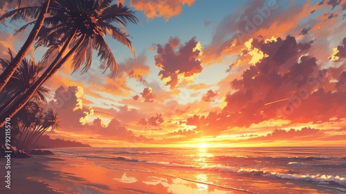 A picturesque sunset scene with palm trees swaying along the coastal seashore creates an idyllic tropical setting photo