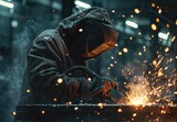 A worker wearing a protective mask welds. Generate AI image