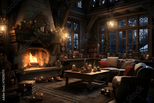 Interior of a medieval house with a fireplace. 3d rendering