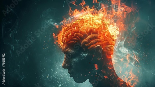 abstract human brain neurology concept burning head symbolizing stress headache and migraines with strong emotional impact digital illustration #792115912