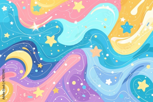 Colorful and vibrant cartoon background with swirling shapes, stars, and waves in pastel colors cartoon pattern with swirls, a starry sky, and flowing curves Generative AI