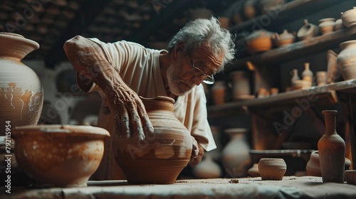 An expert potter, he creates with clay and his hands a beautiful vase in his laboratory. The artisan creates works of art with his hands. Concept of: experience, art, tradition, clay.

