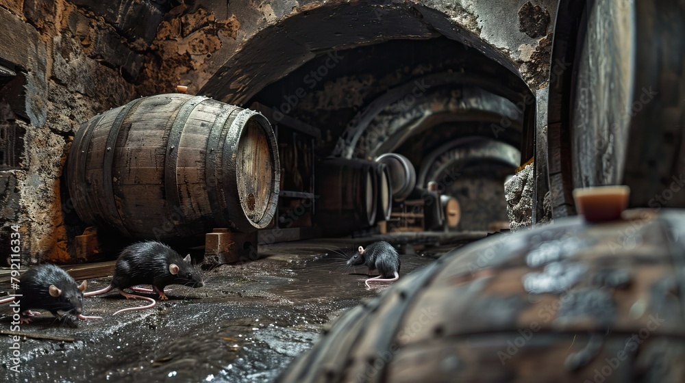 An old Wine cellar with visible wine on the floor and rats.
An old Wine cellar with visible wine on the floor and rats.