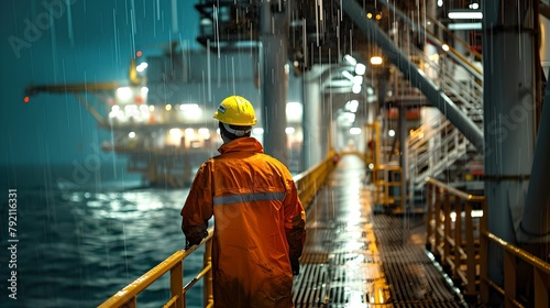 Worker in safety gear on oil rig at night under rain. Industrial, maritime occupation. Natural elements at work site. Candid, real scene captured. AI