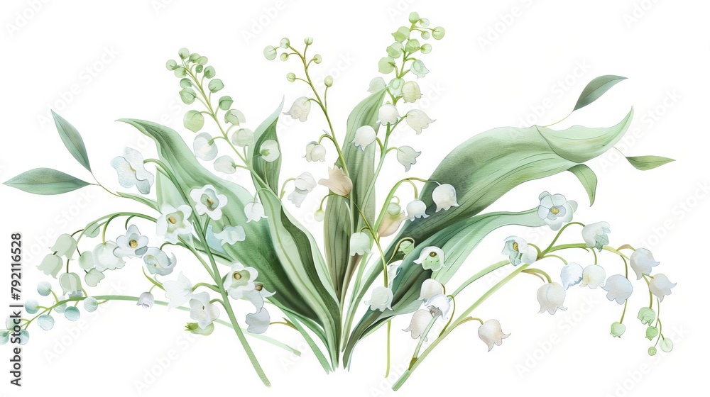 delicate watercolor floral composition with white spring lilies of the valley clipart elements