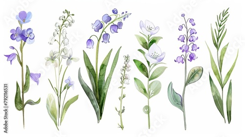 delicate spring flowers watercolor set coppice hepatica lily of the valley handdrawn violet and white blooms