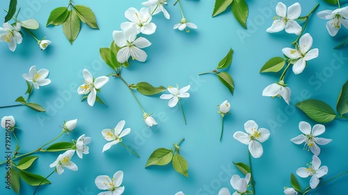delicate white and green flowers on vibrant blue background fresh floral composition top view illustration