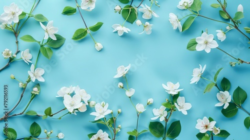 delicate white and green flowers on vibrant blue background fresh floral composition top view illustration