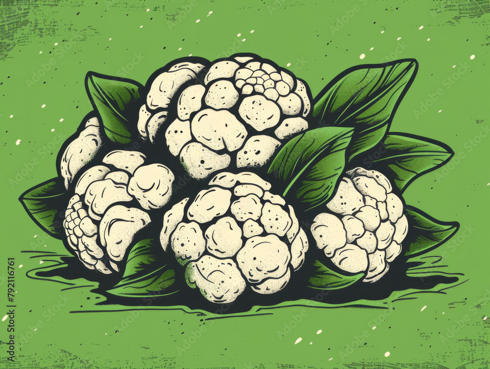 Fototapeta premium Retro-style vector illustration of a cauliflower with leaves on a textured background.