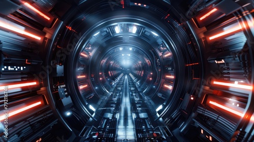 Step into the abstract and futuristic tunnel nestled within a virtual spaceship This animated scene showcases a high tech tunnel adorned with the interior of a spaceship featuring a dark fu