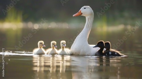 Duck with her ducklings in a calm lake in high resolution and high quality. concept animals, babies, lake, ducks