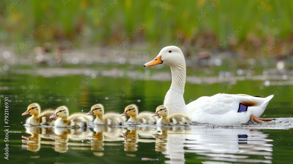 Duck with her ducklings in a calm lake in high resolution and high quality. concept animals, babies, lake, ducks, peace, nature