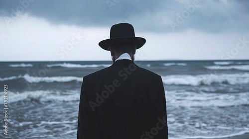 Backview of a Rabbi praying on the beach.

 photo