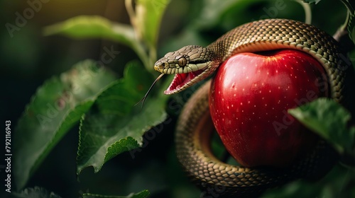 forbidden fruit concept with serpent coiled around red apple adam and eve theology mythology