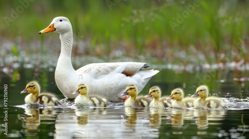 Duck with her ducklings in a calm lake in high resolution and high quality. concept animals, babies, lake, ducks, peace, nature, coexistence