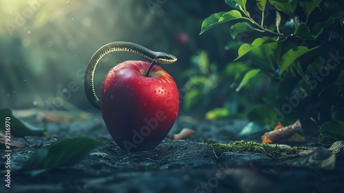 forbidden fruit concept with serpent coiled around red apple adam and eve theology mythology photo