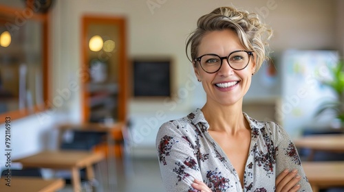 friendly smiling teacher lady with arms crossed portrait photography photo