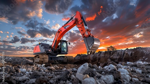 Excavator on a construction site at sunset, showcasing industrial might. Dramatic sky, power of development. Perfect for industrial use. AI