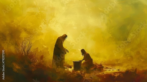 jesus christ offering hope and eternal life to the samaritan woman at the well powerful biblical scene illustrating compassion and salvation digital painting photo