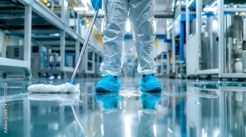Worker in protective gear cleaning the floor of a high-tech facility. Cleanroom maintenance and hygiene. Focus on cleanliness and industry standards. AI