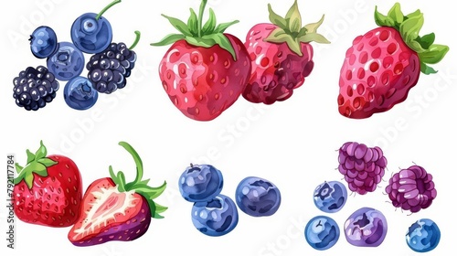 mix of red fruits blackberries blueberries strawberries on white background food illustration