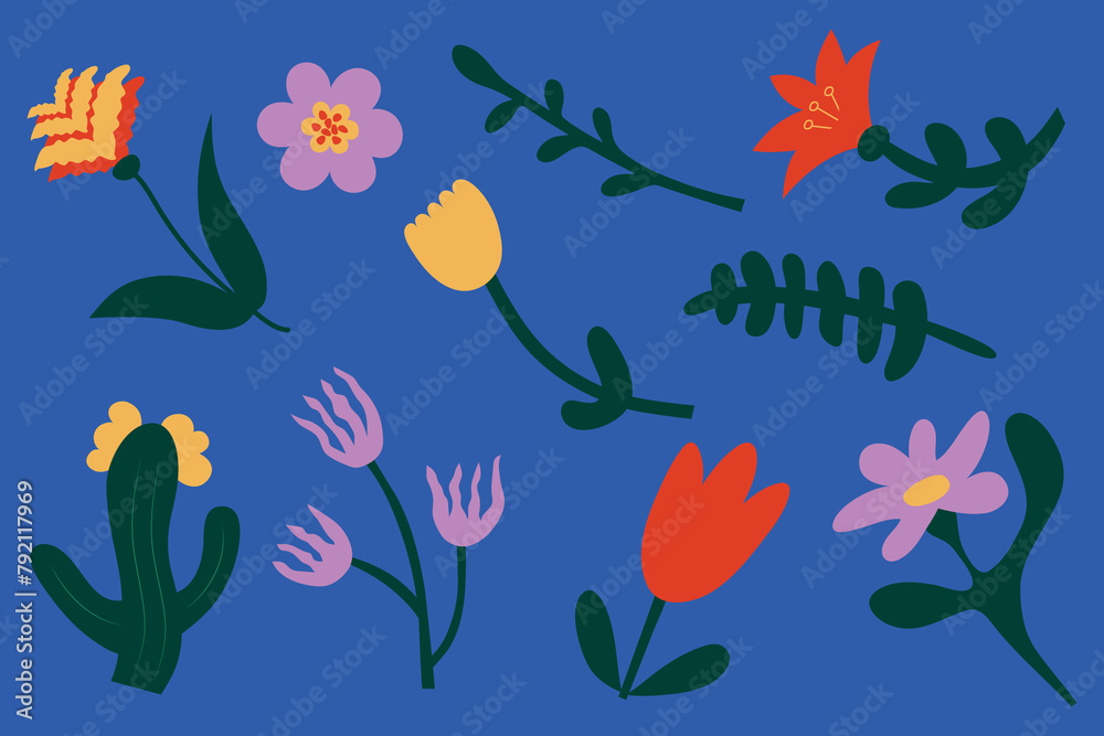 Set of abstract vector plants, flowers and leaves for design. Decorative elements. Abstract botanical flower art.
