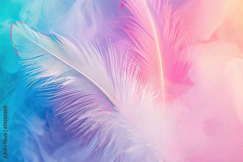 Abstract feather rainbow patchwork background. Closeup image of white fluffy feather under colorful pastel neon foggy mist. Fashion Color Trends Spring Summer 2024 - generative ai Abstract feather rainbow patchwork background. Closeup image of white fluffy feather under colorful pastel neon foggy mist. Fashion Color Trends Spring Summer 2024 - generative ai
