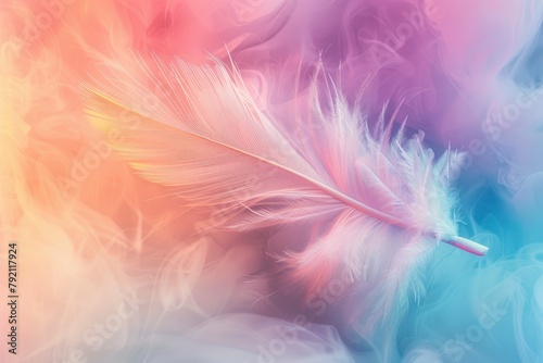 Abstract feather rainbow patchwork background. Closeup image of white fluffy feather under colorful pastel neon foggy mist. Fashion Color Trends Spring Summer 2024 - generative ai