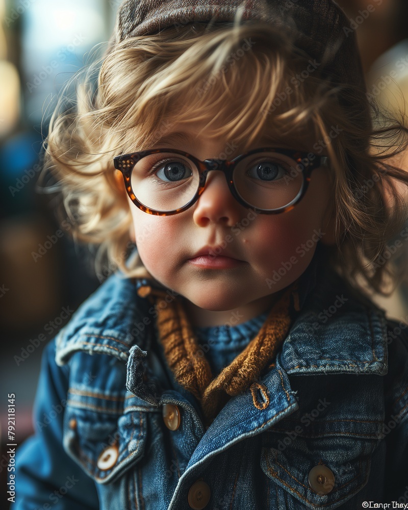 Adorable hipster baby with curly hair and glasses, exuding charm and playfulness Adorable hipster baby with curly hair and glasses, exuding charm and playfulness