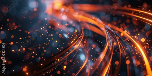 Abstract image of glowing orange light trails with sparkling bokeh on a dark background, conveying a sense of motion and energy. photo