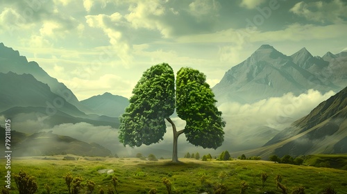 Serene Landscape with Vivid Green Tree, Misty Mountains, and Lush Meadows. Ideal for Backgrounds and Wallpapers. Digital Art with Natural Themes. AI