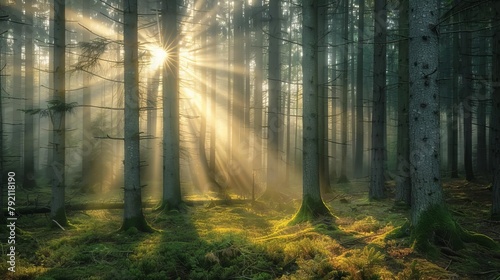 sunbeams filtering through trees in misty morning forest nature landscape photography