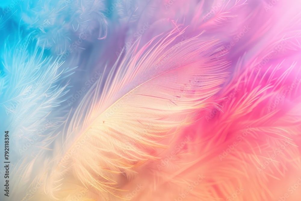 Abstract feather rainbow patchwork background. Closeup image of white fluffy feather under colorful pastel neon foggy mist. Fashion Color Trends Spring Summer 2024 - generative ai Abstract feather rainbow patchwork background. Closeup image of white fluffy feather under colorful pastel neon foggy mist. Fashion Color Trends Spring Summer 2024 - generative ai