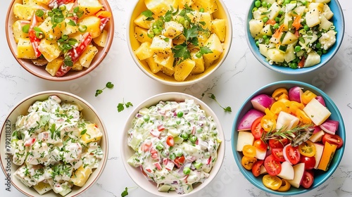 vibrant selection of summer potato salads with mayo and vinaigrette dressings colorful bowls on white food photography