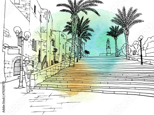 Nice view of the old Jaffa. Tel Aviv, Israel. Trendy urban landscape. Cityscape. Hand drawn sketch. Line art. Postcards.	