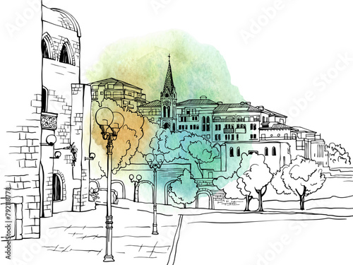 Nice view of the old Jaffa. Tel Aviv, Israel. Trendy urban landscape. Cityscape. Hand drawn sketch. Line art. Postcards.	
