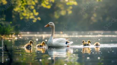Beautiful lake with a family of ducks wallpaper style at sunrise in high resolution and high quality. animal concept,lake,wildlife,nature,life,sunrise,mountains,forest