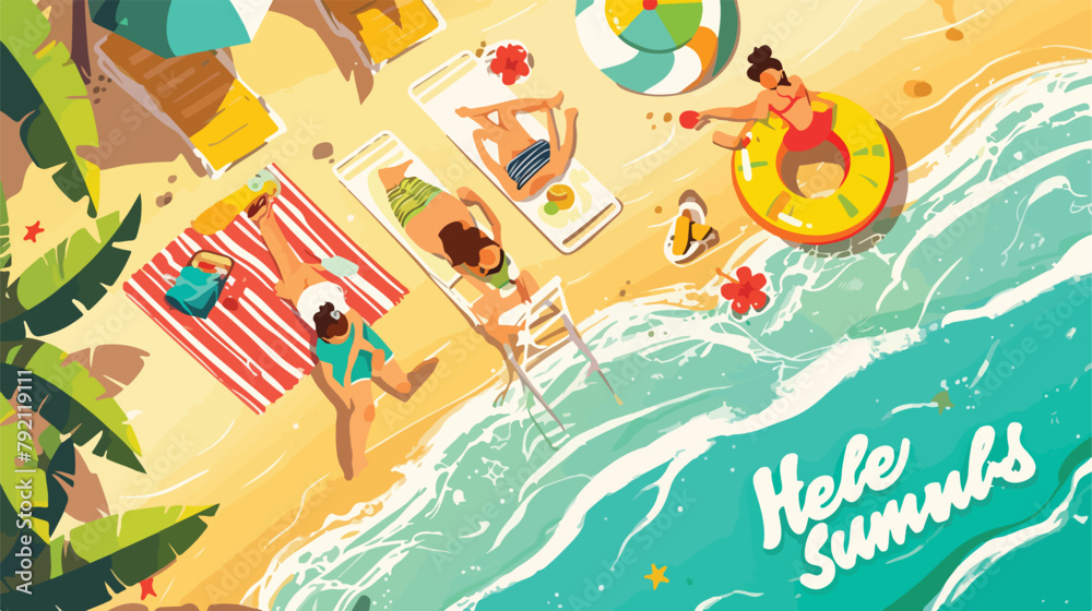 People relaxing by the ocean with hello summer word