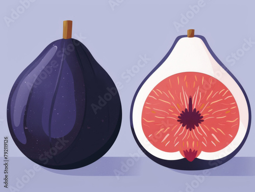 Stylized vector illustration of a whole fig and a fig cross section against a purple background. photo