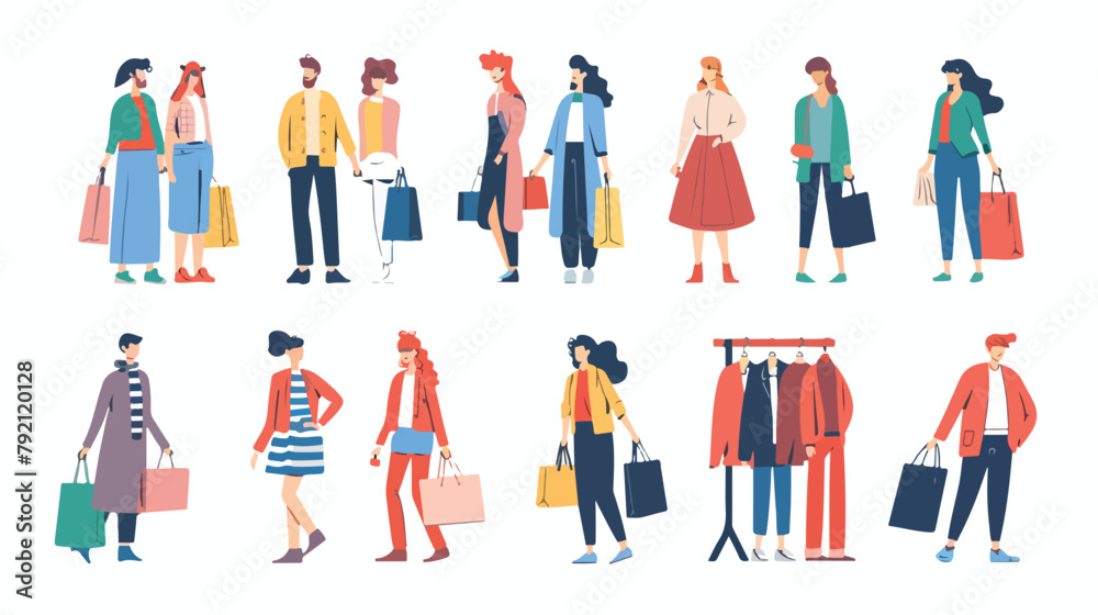 People shopping flat vector illustrations set. Happ