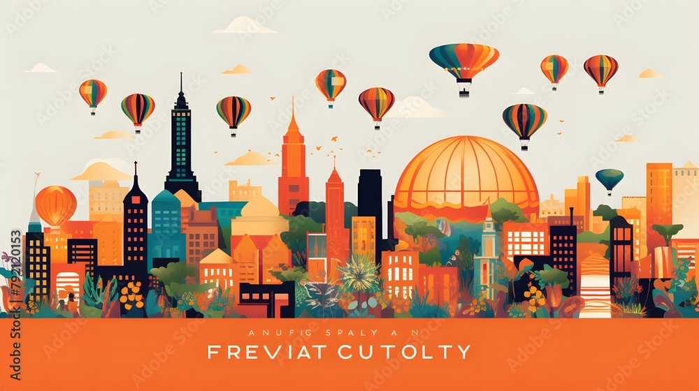 City panorama with hot air balloons and buildings. Vector illustration.